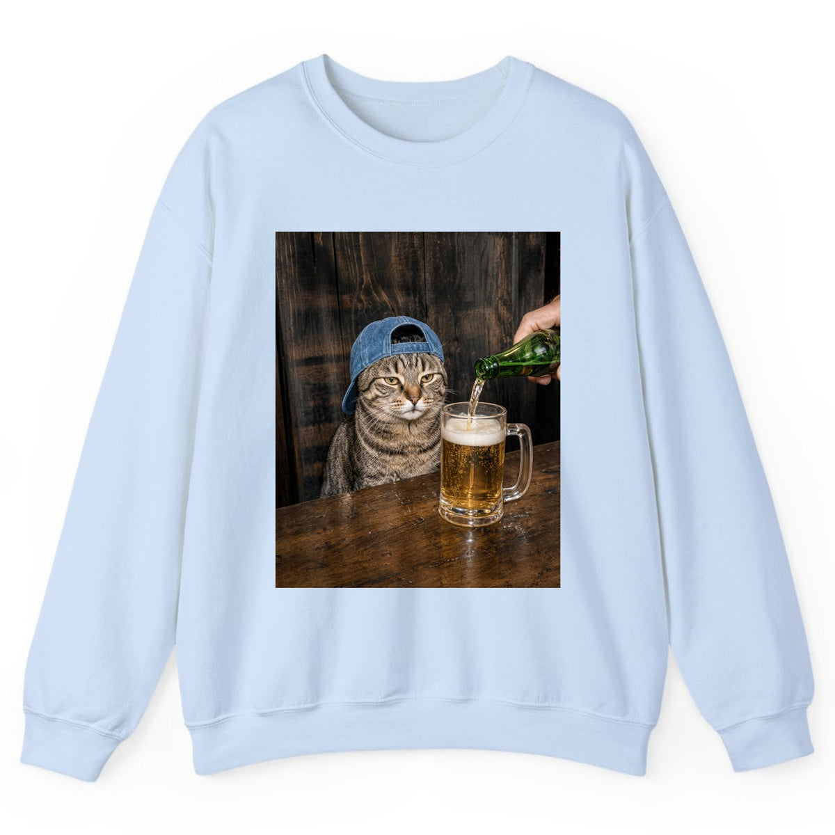 Tabby Cat Beer Pour Crewneck Sweatshirt - Light Blue