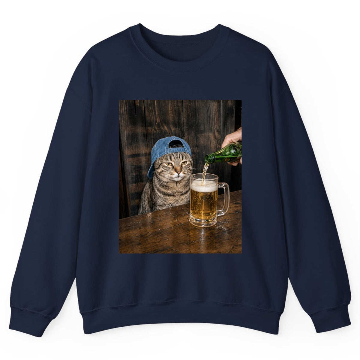Tabby Cat Beer Pour Crewneck Sweatshirt - Navy