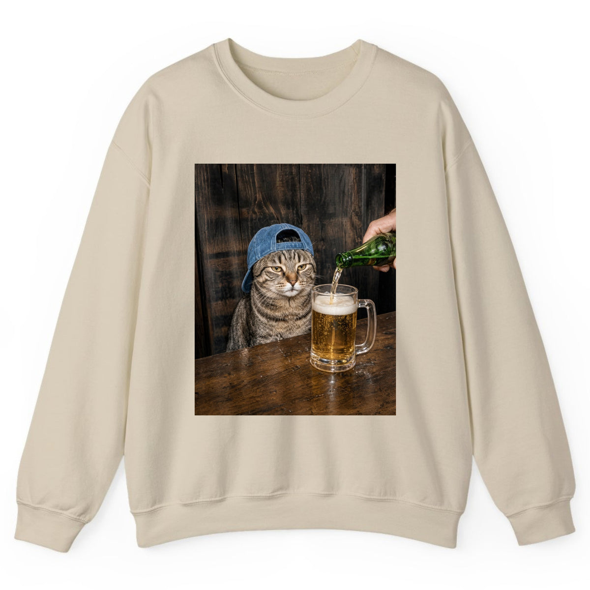 Tabby Cat Beer Pour Crewneck Sweatshirt - Sand