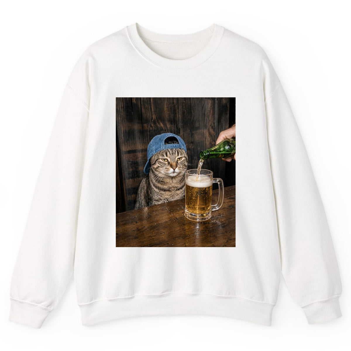 Tabby Cat Beer Pour Crewneck Sweatshirt - White