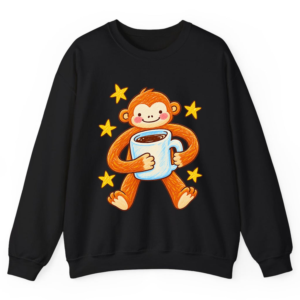 Cute Monkey Coffee Hug Crewneck Sweatshirt - Black