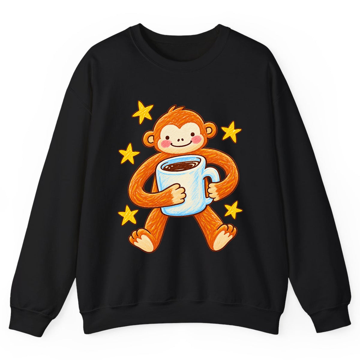 Cute Monkey Coffee Hug Crewneck Sweatshirt - Black
