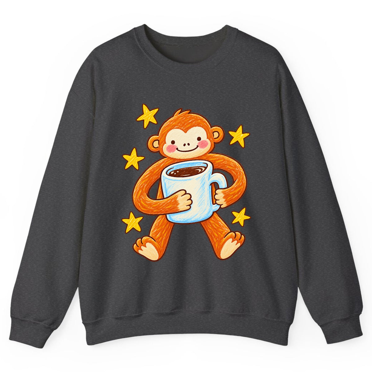 Cute Monkey Coffee Hug Crewneck Sweatshirt - Dark Heather