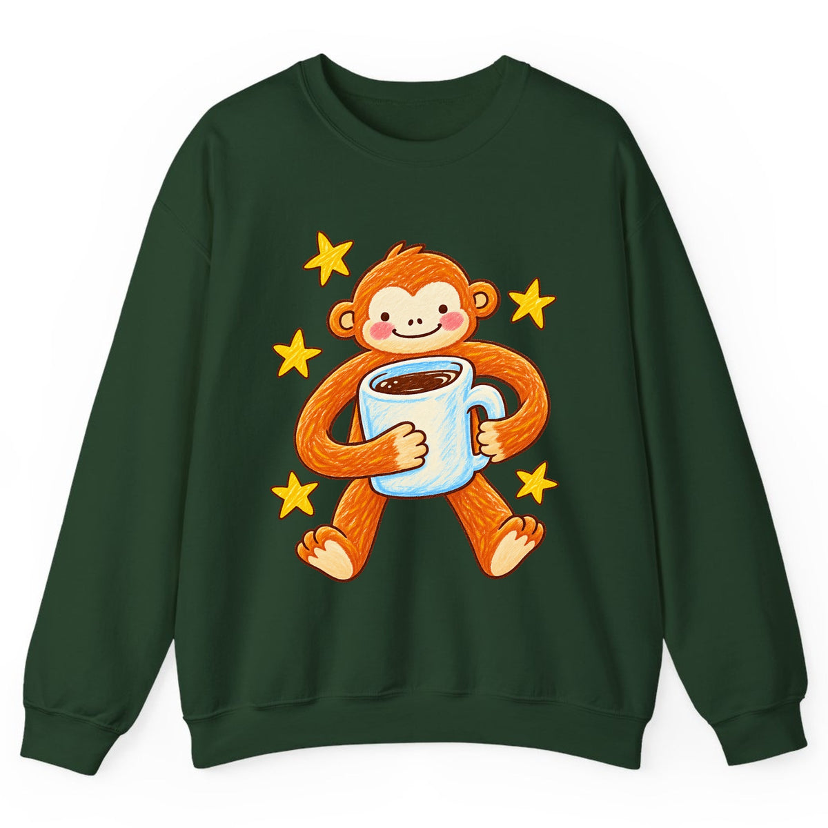 Cute Monkey Coffee Hug Crewneck Sweatshirt - Forest Green