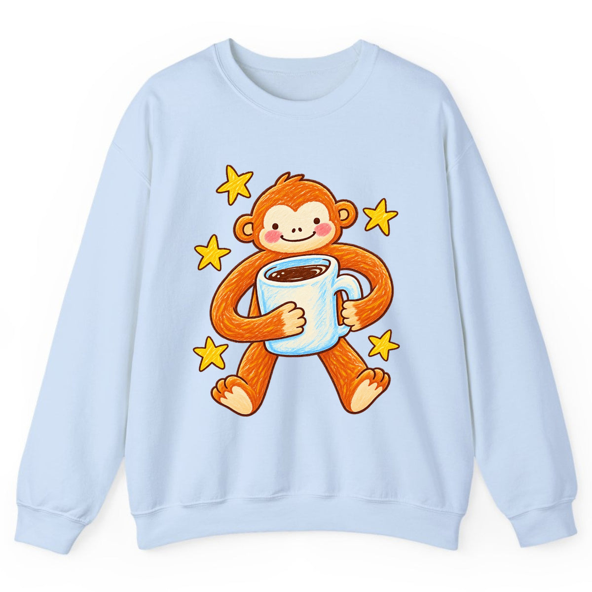 Cute Monkey Coffee Hug Crewneck Sweatshirt - Light Blue