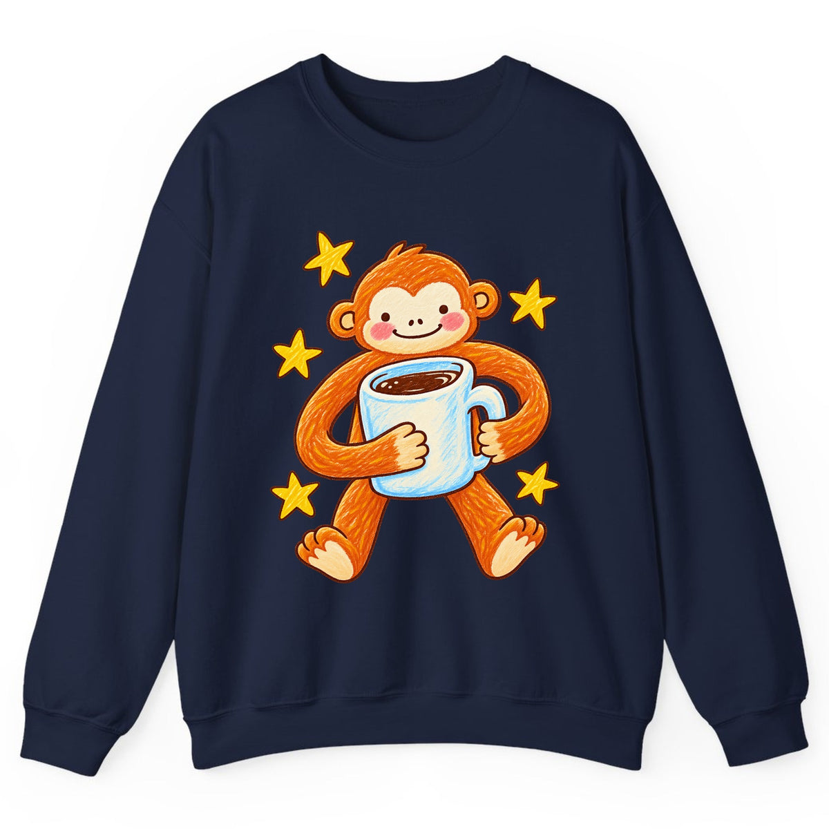 Cute Monkey Coffee Hug Crewneck Sweatshirt - Navy