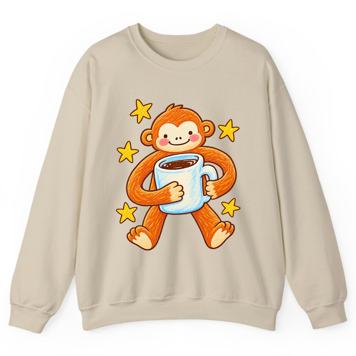 Cute Monkey Coffee Hug Crewneck Sweatshirt - Sand