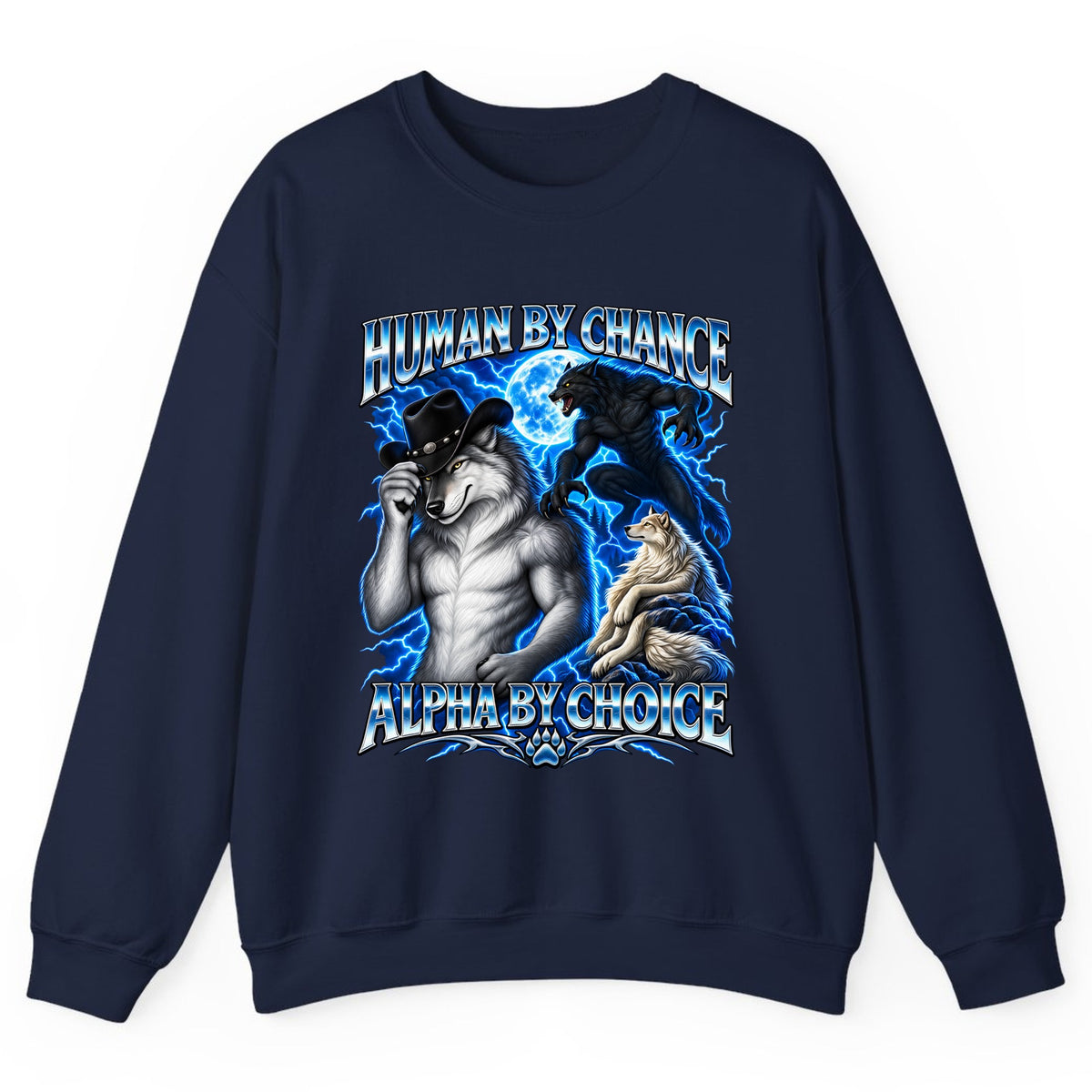 Human By Chance Alpha By Choice Wolf Crewneck Sweatshirt - Navy