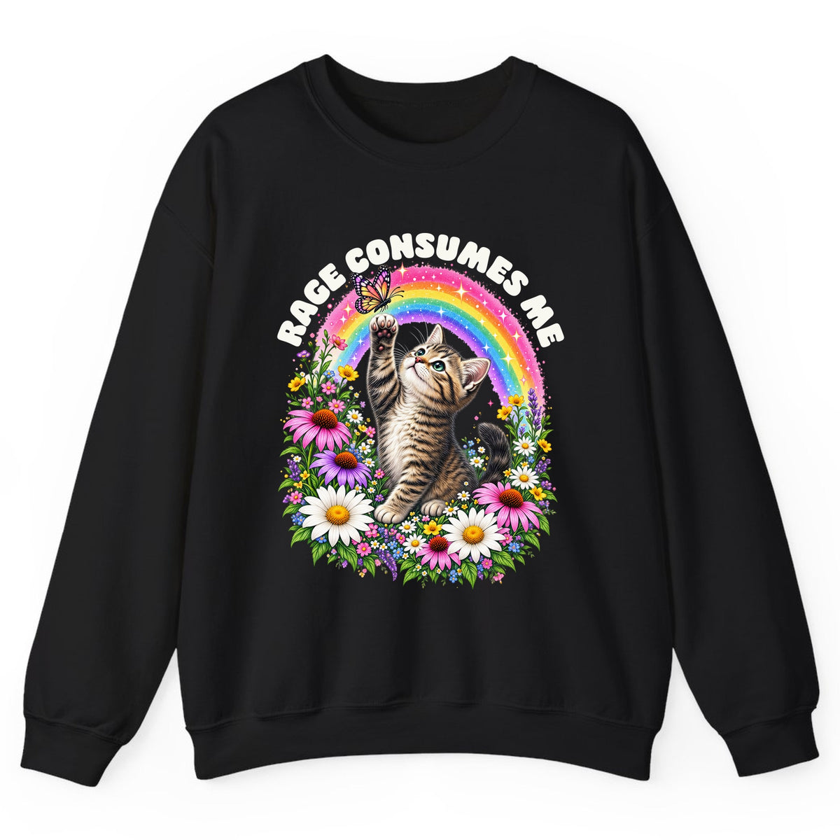 Rage Consumes Me Rainbow Kitten Crewneck Sweatshirt - Black