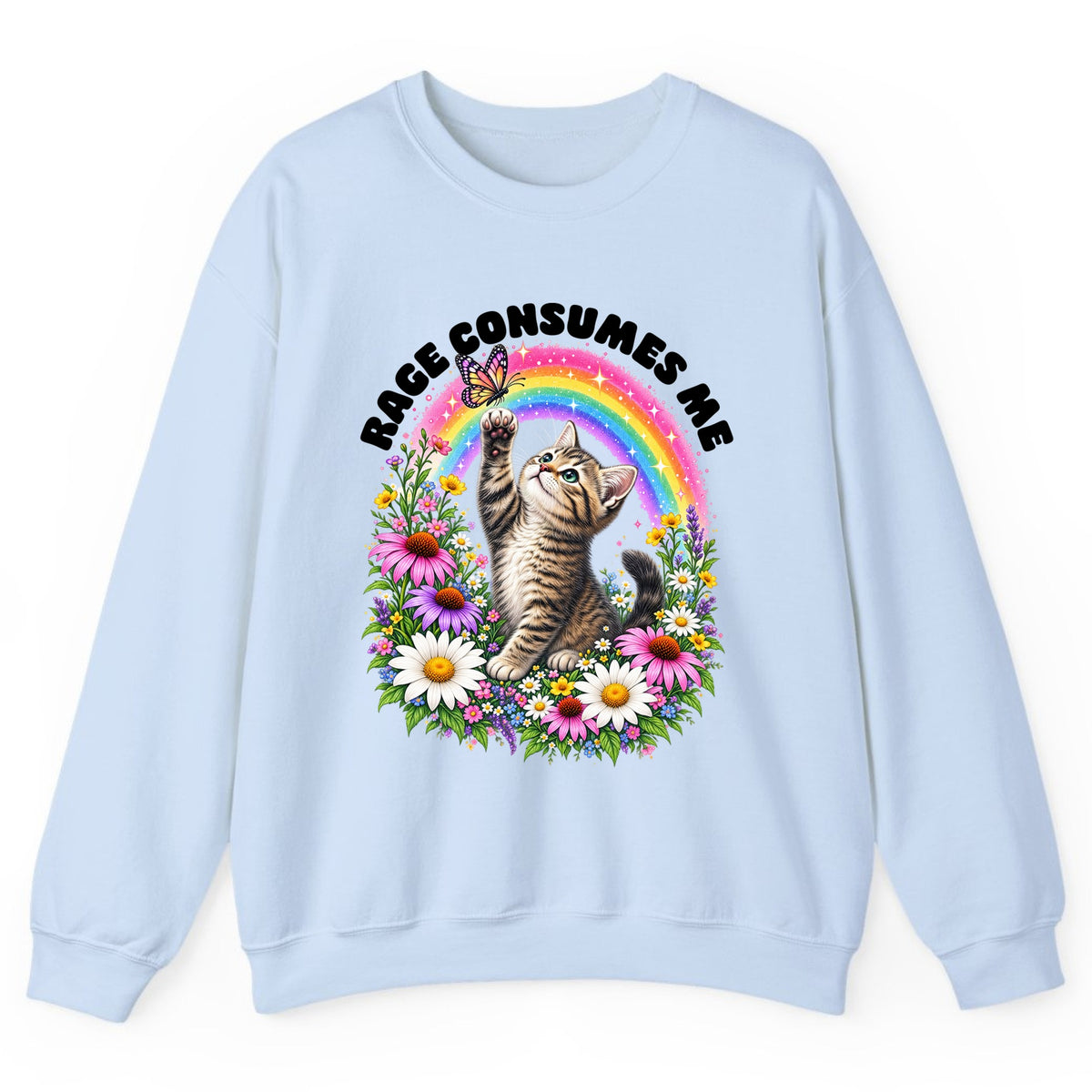 Rage Consumes Me Rainbow Kitten Crewneck Sweatshirt - Light Blue