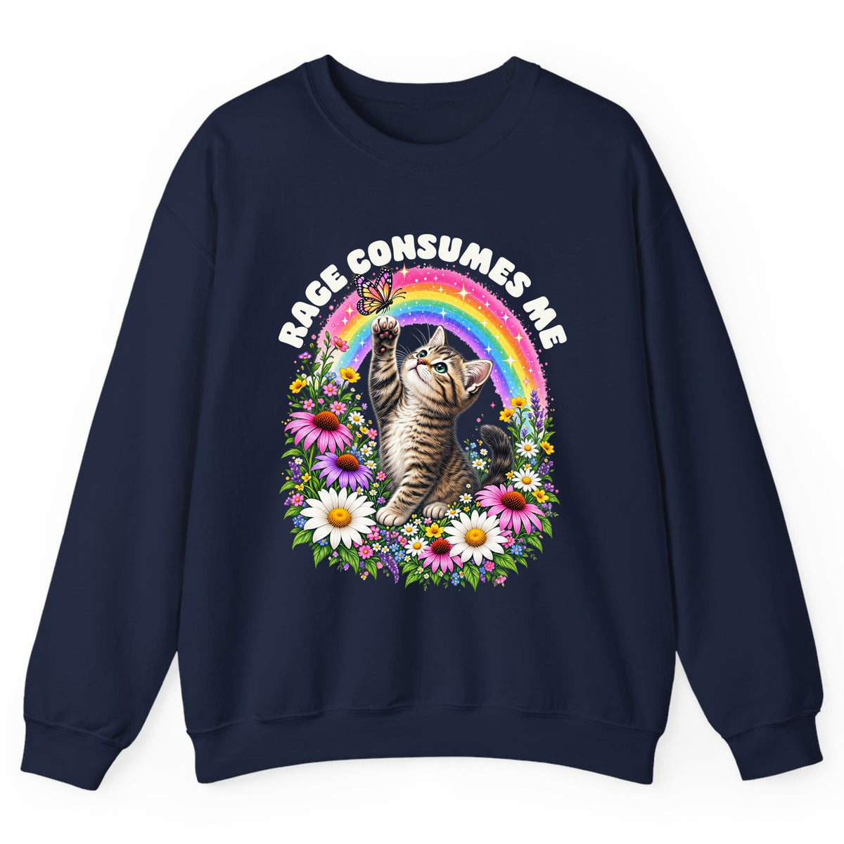Rage Consumes Me Rainbow Kitten Crewneck Sweatshirt - Navy