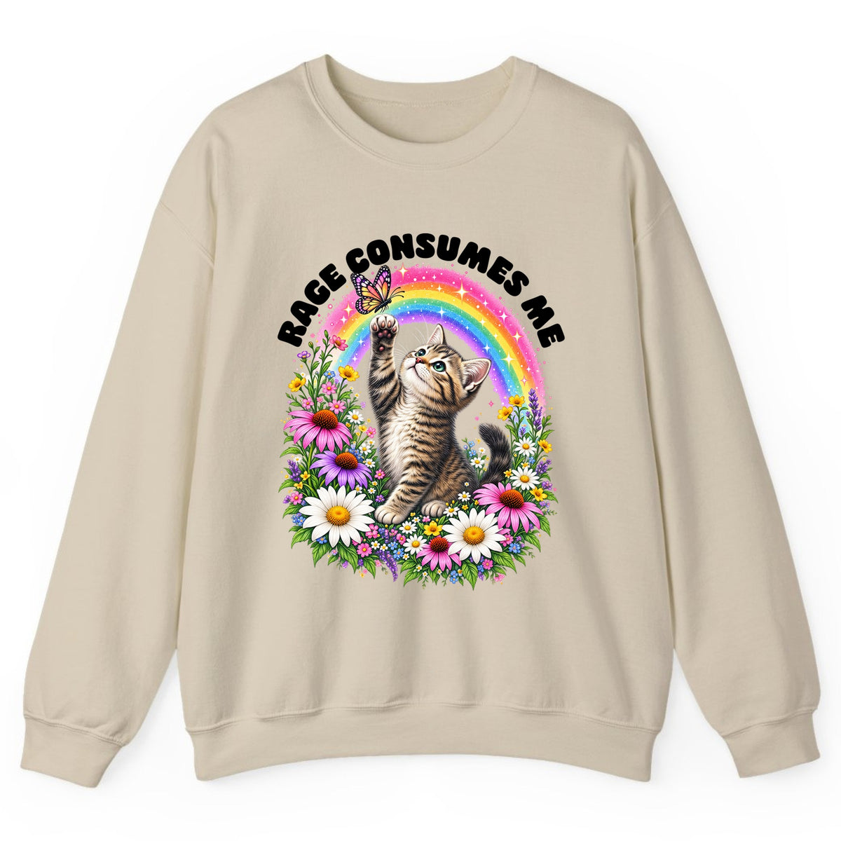 Rage Consumes Me Rainbow Kitten Crewneck Sweatshirt - Sand