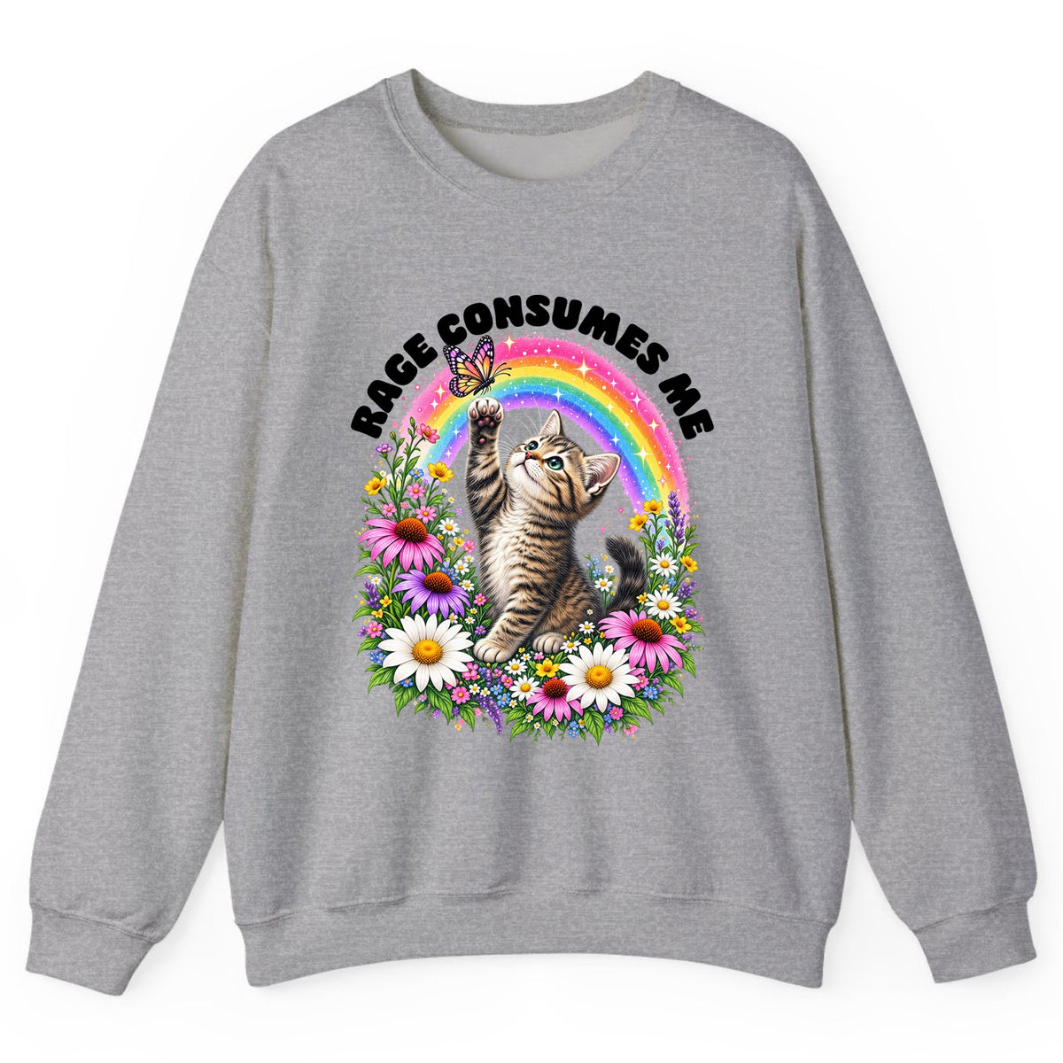 Rage Consumes Me Rainbow Kitten Crewneck Sweatshirt - Sport Grey