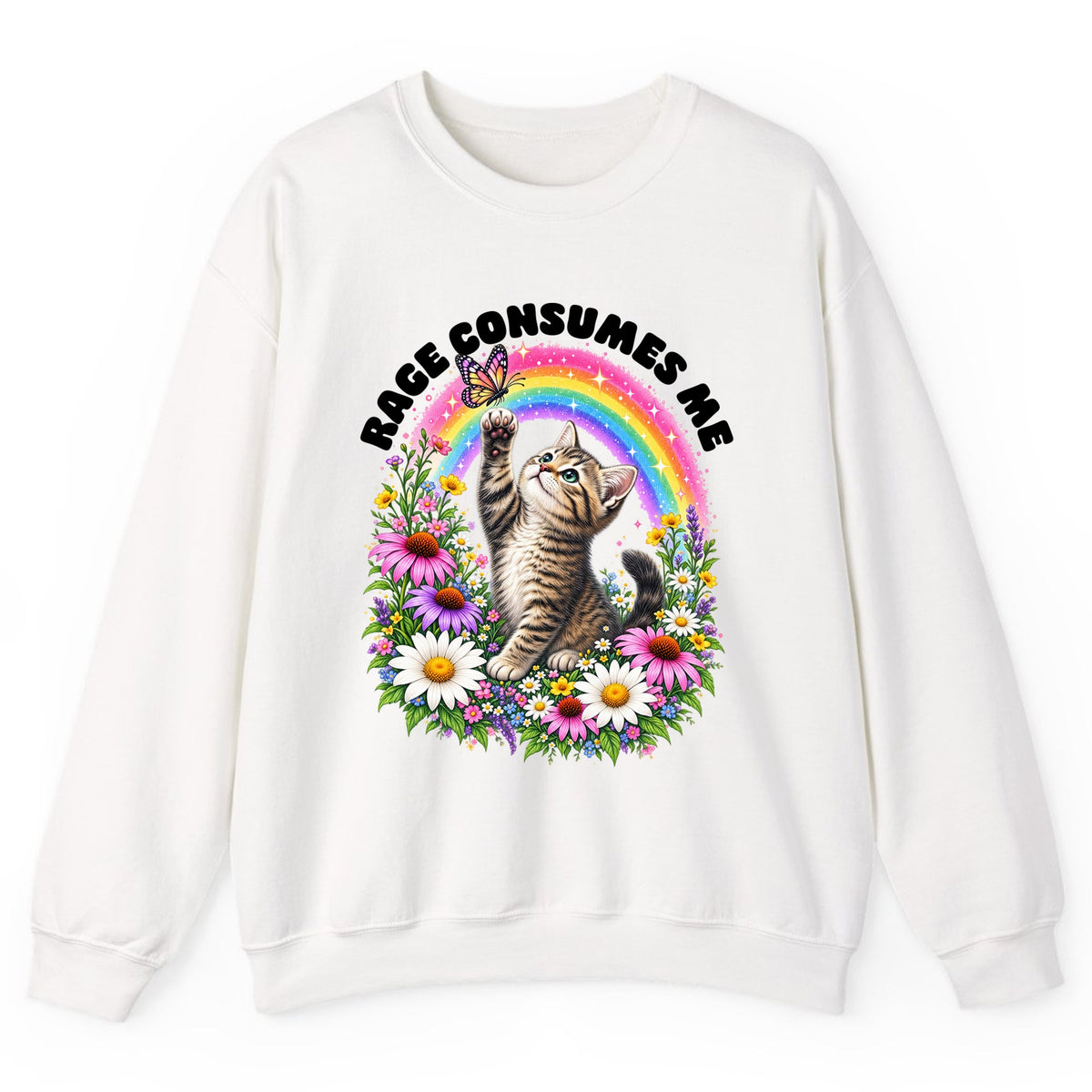 Rage Consumes Me Rainbow Kitten Crewneck Sweatshirt - White