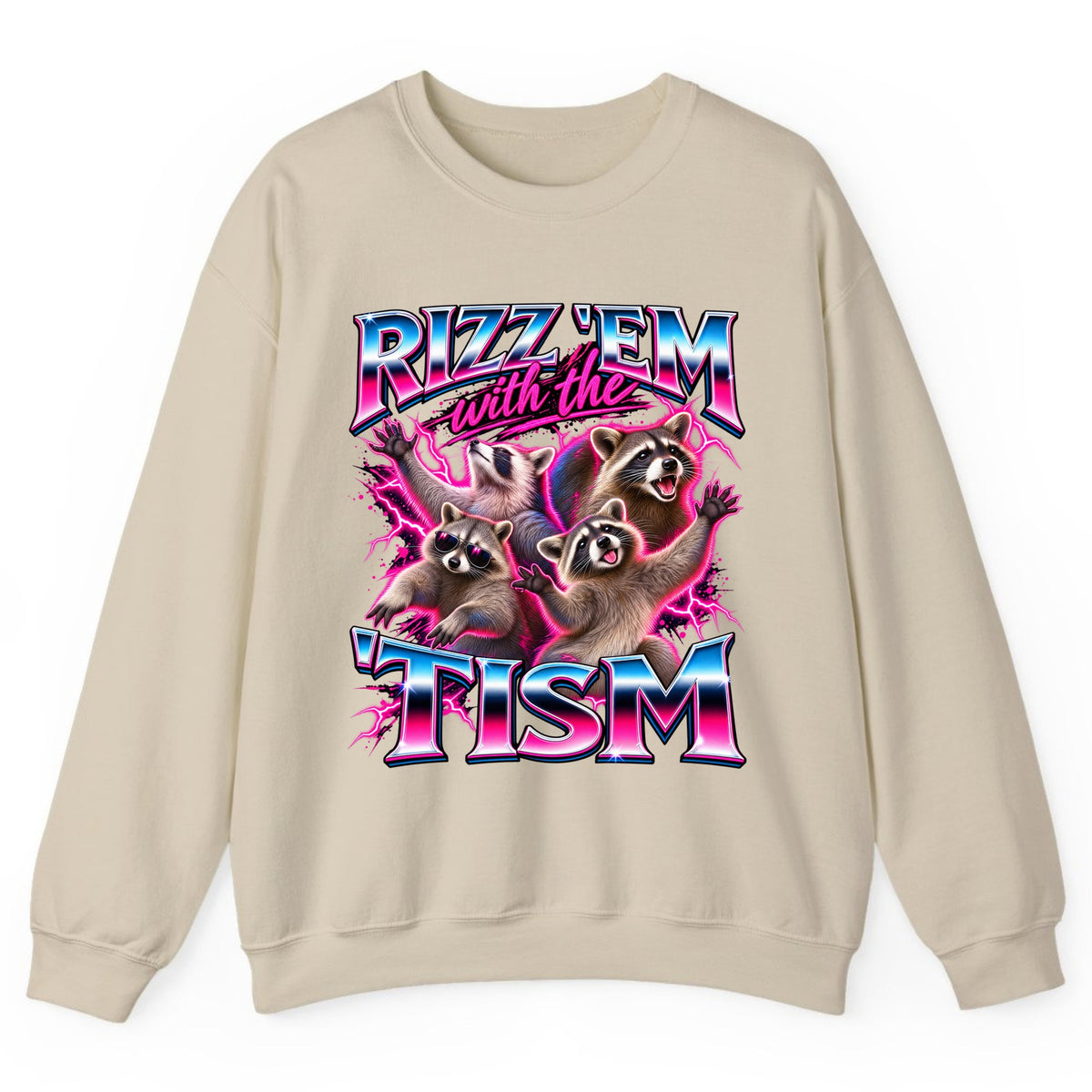 Rizz 'Em With The 'Tism Raccoons Crewneck Sweatshirt - Sand