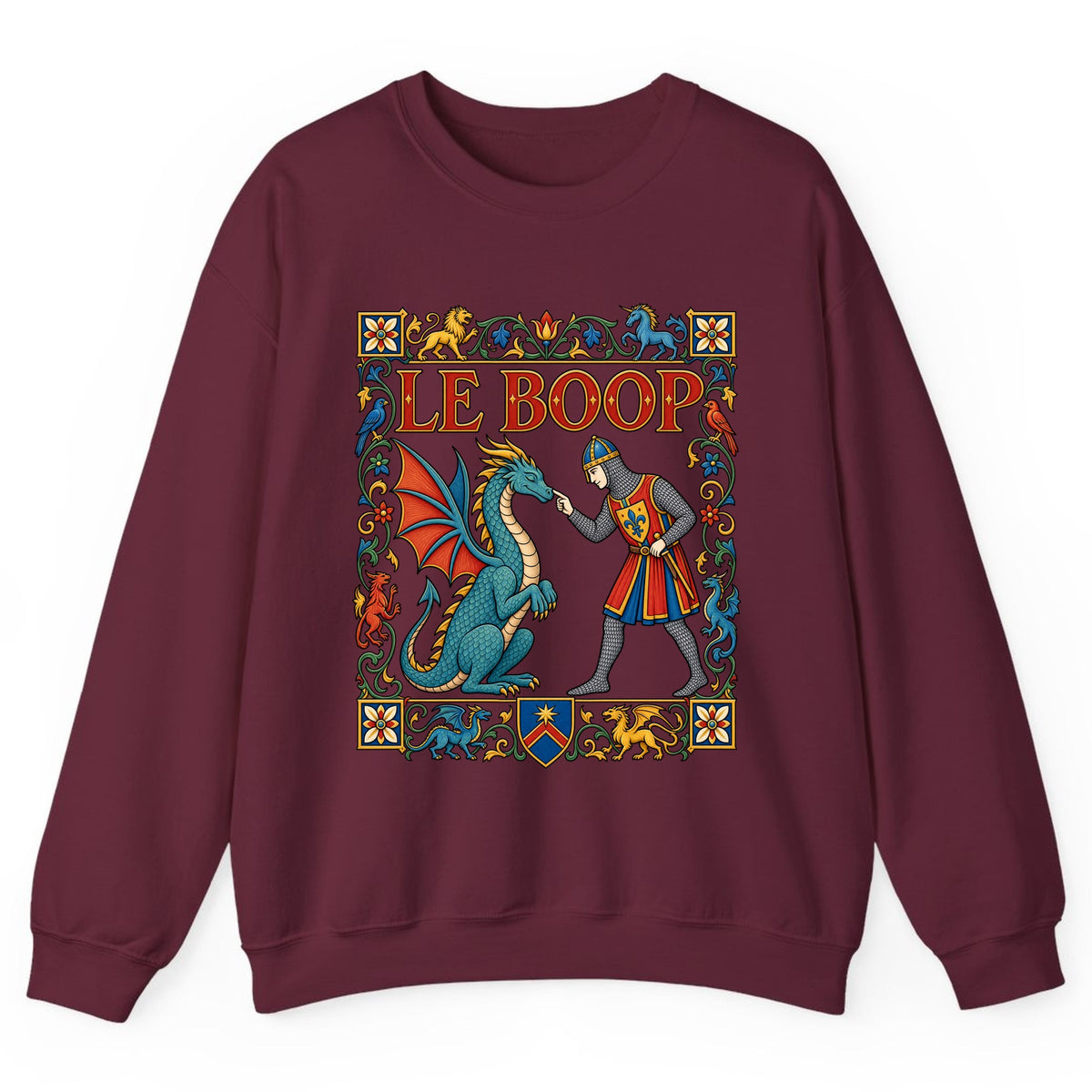 Le Boop Medieval Dragon Knight Crewneck Sweatshirt - Maroon