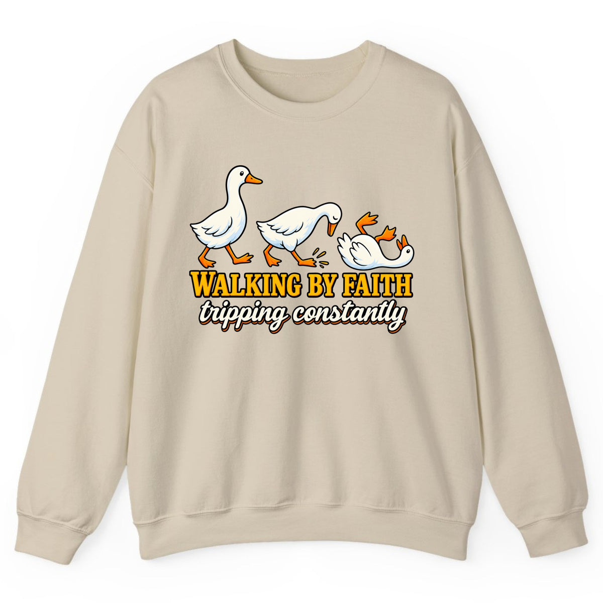 Walking By Faith Tripping Constantly Duck Crewneck Sweatshirt - Sand