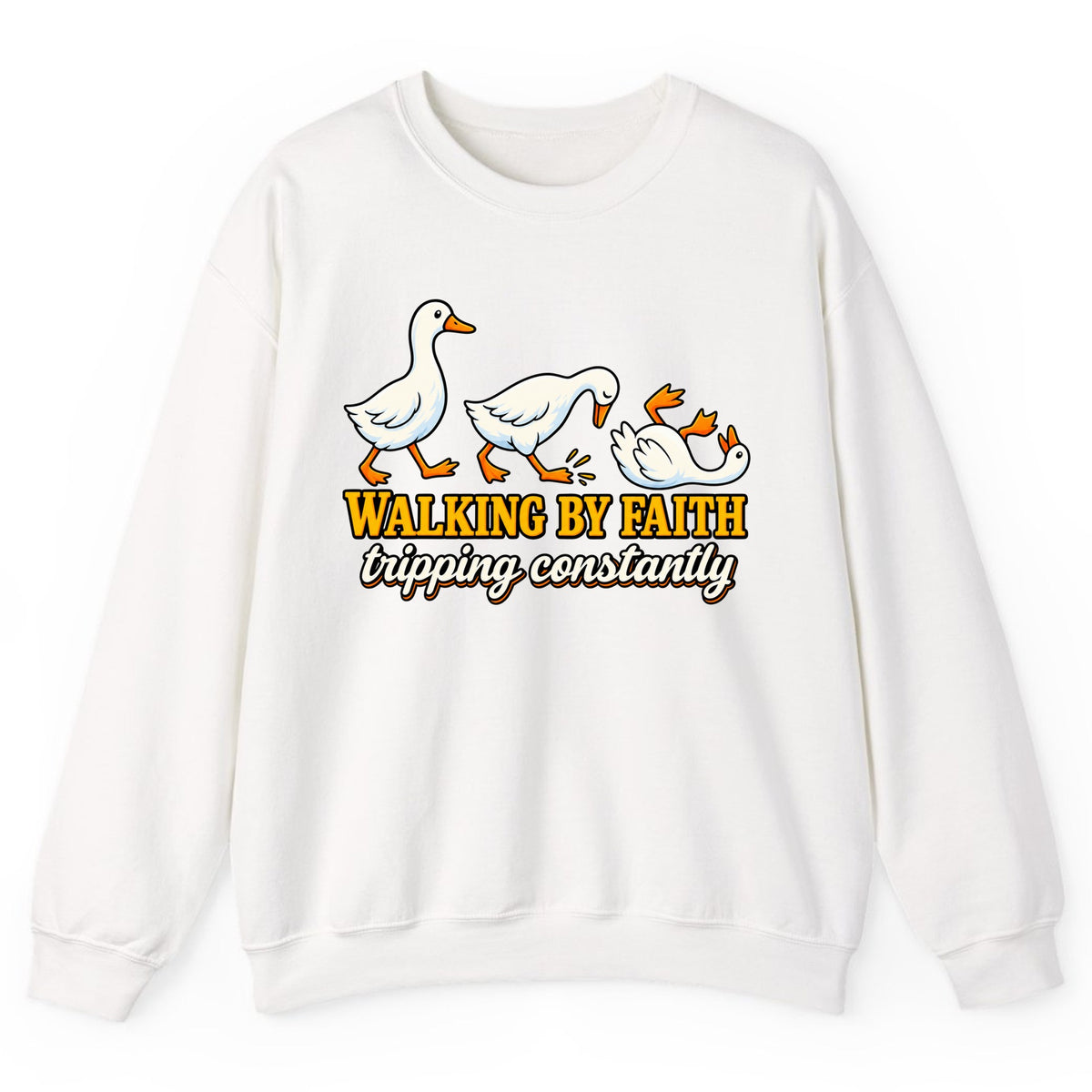 Walking By Faith Tripping Constantly Duck Crewneck Sweatshirt - White