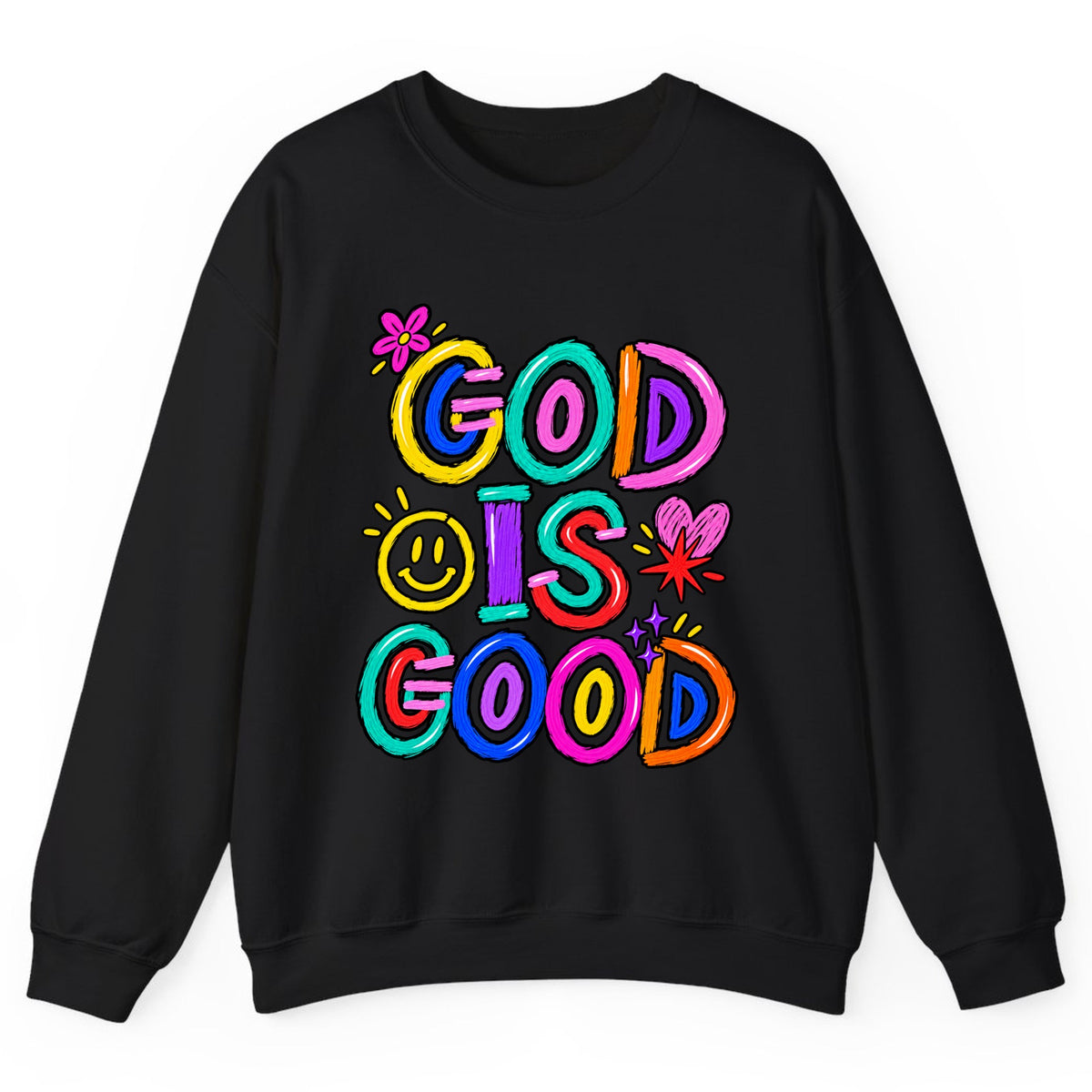 God Is Good Colorful Doodle Faith Crewneck Sweatshirt - Black