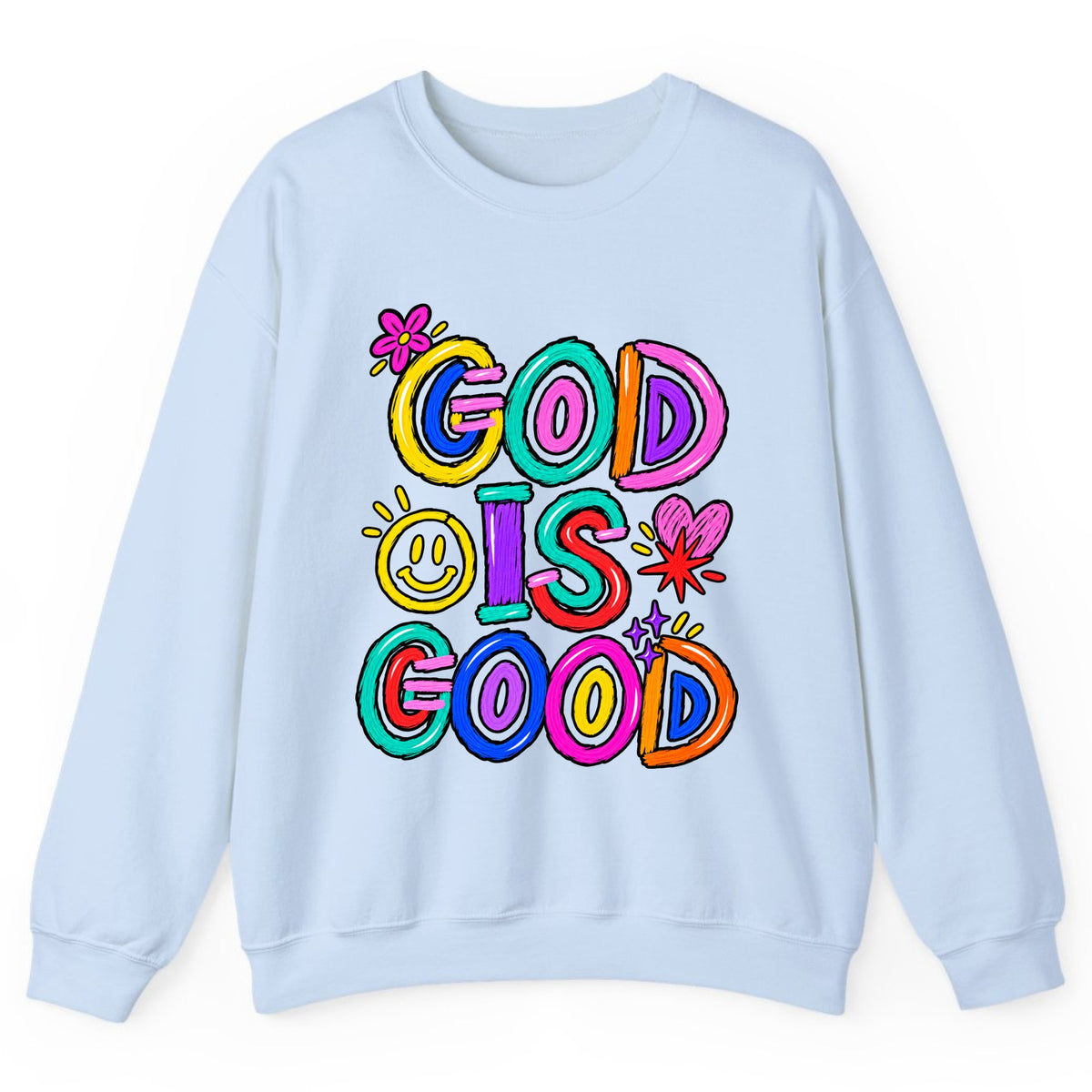 God Is Good Colorful Doodle Faith Crewneck Sweatshirt - Light Blue