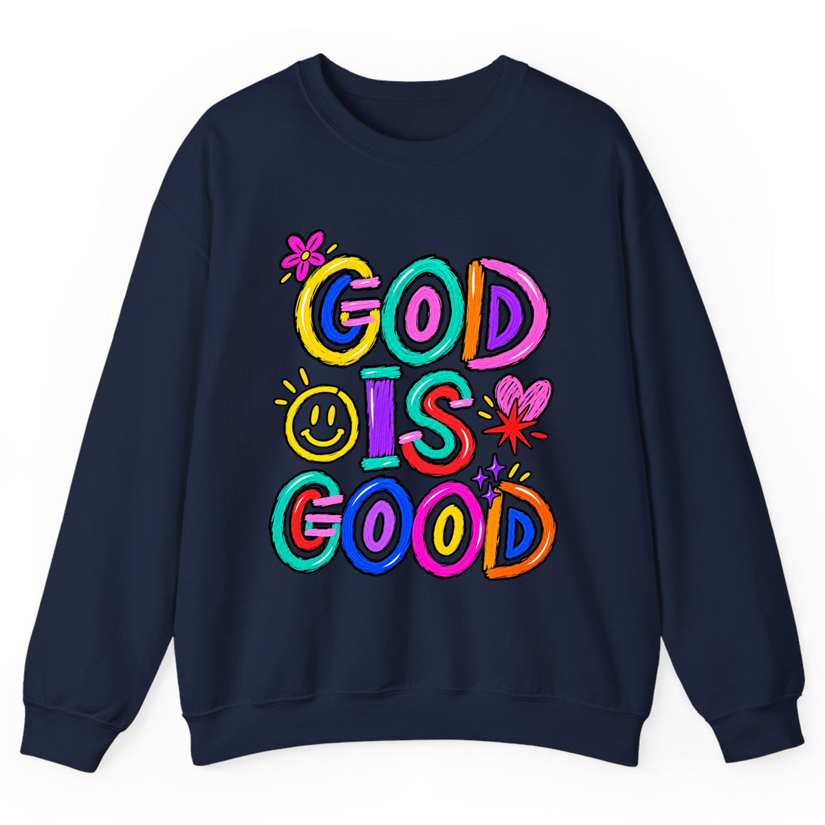 God Is Good Colorful Doodle Faith Crewneck Sweatshirt - Navy
