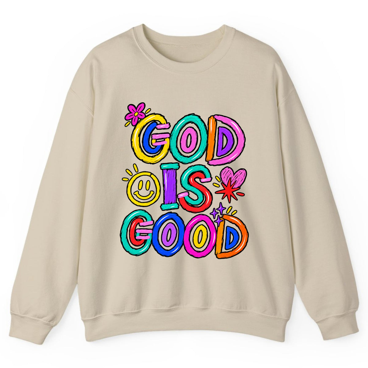 God Is Good Colorful Doodle Faith Crewneck Sweatshirt - Sand