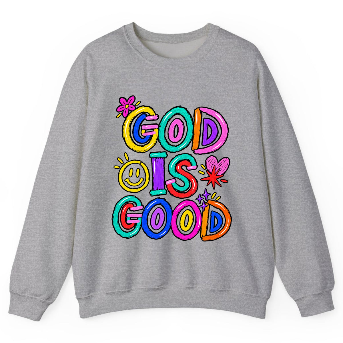 God Is Good Colorful Doodle Faith Crewneck Sweatshirt - Sport Grey