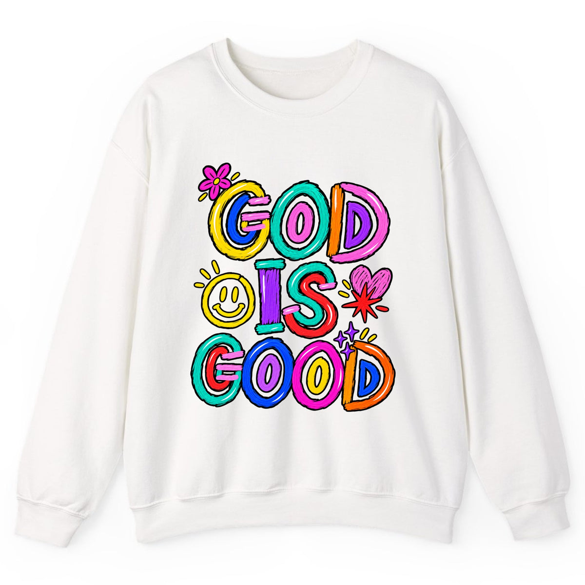 God Is Good Colorful Doodle Faith Crewneck Sweatshirt - White