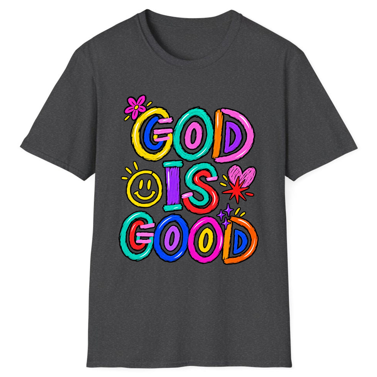 God Is Good Colorful Doodle Faith Classic Tee - Dark Heather