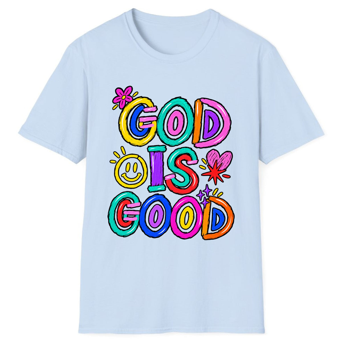 God Is Good Colorful Doodle Faith Classic Tee - Light Blue