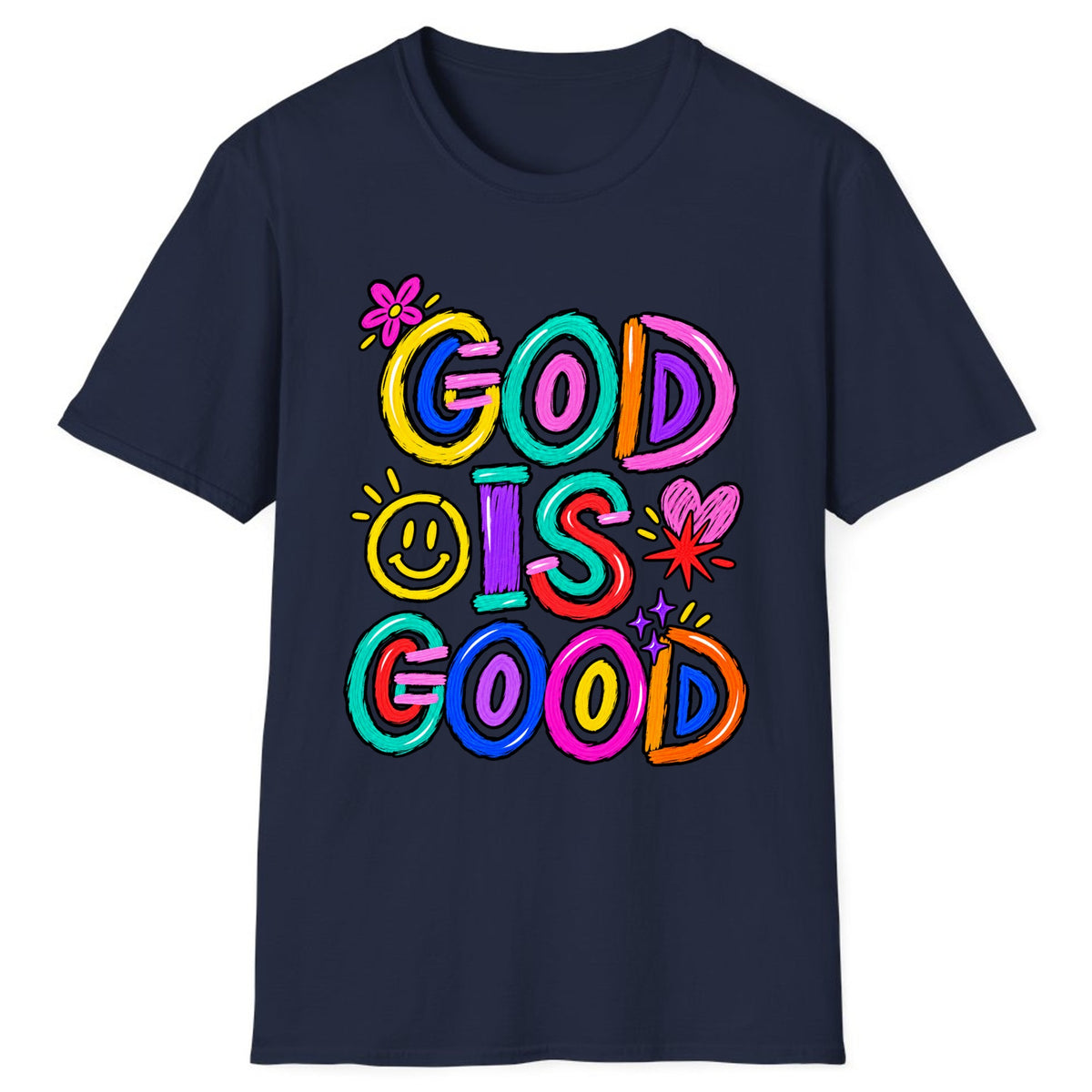 God Is Good Colorful Doodle Faith Classic Tee - Navy