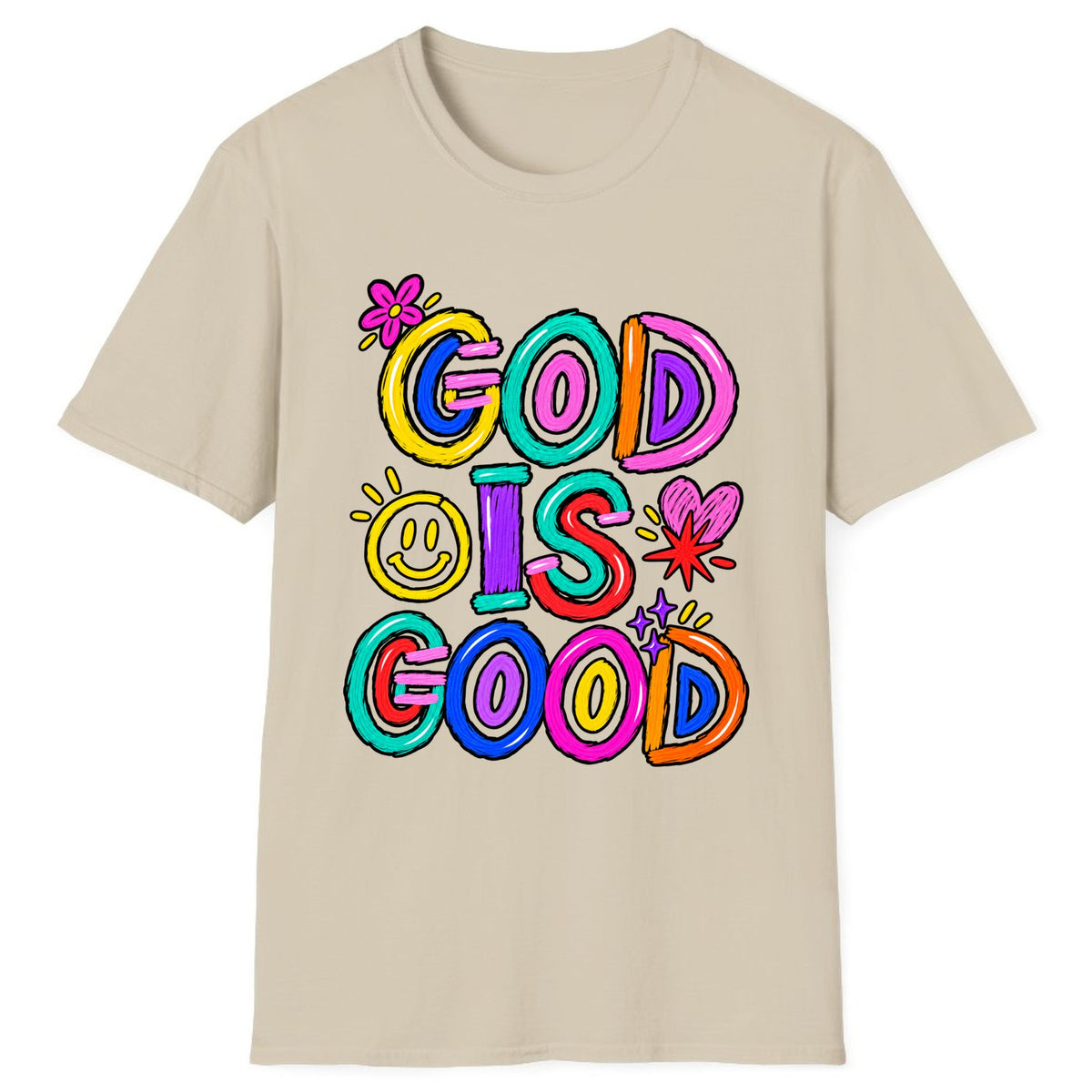 God Is Good Colorful Doodle Faith Classic Tee - Sand