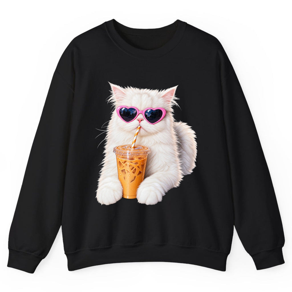 Iced Coffee Cat in Heart Sunglasses Crewneck Sweatshirt - Black