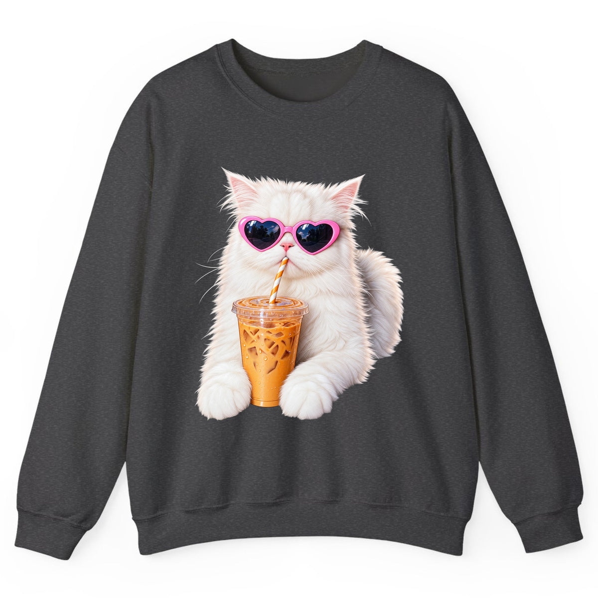 Iced Coffee Cat in Heart Sunglasses Crewneck Sweatshirt - Dark Heather