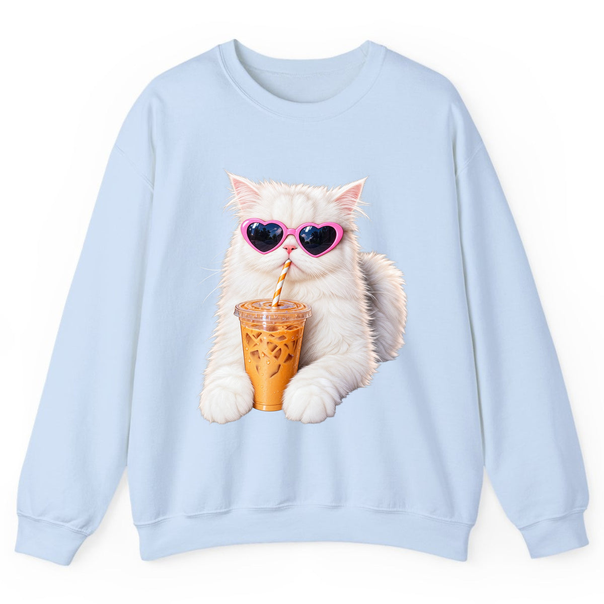 Iced Coffee Cat in Heart Sunglasses Crewneck Sweatshirt - Light Blue