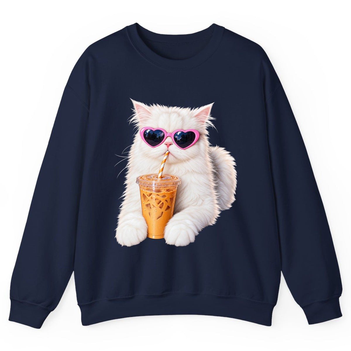 Iced Coffee Cat in Heart Sunglasses Crewneck Sweatshirt - Navy