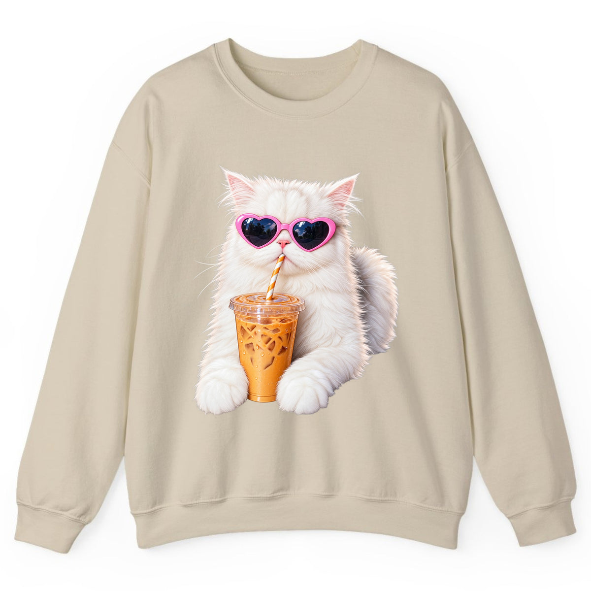 Iced Coffee Cat in Heart Sunglasses Crewneck Sweatshirt - Sand