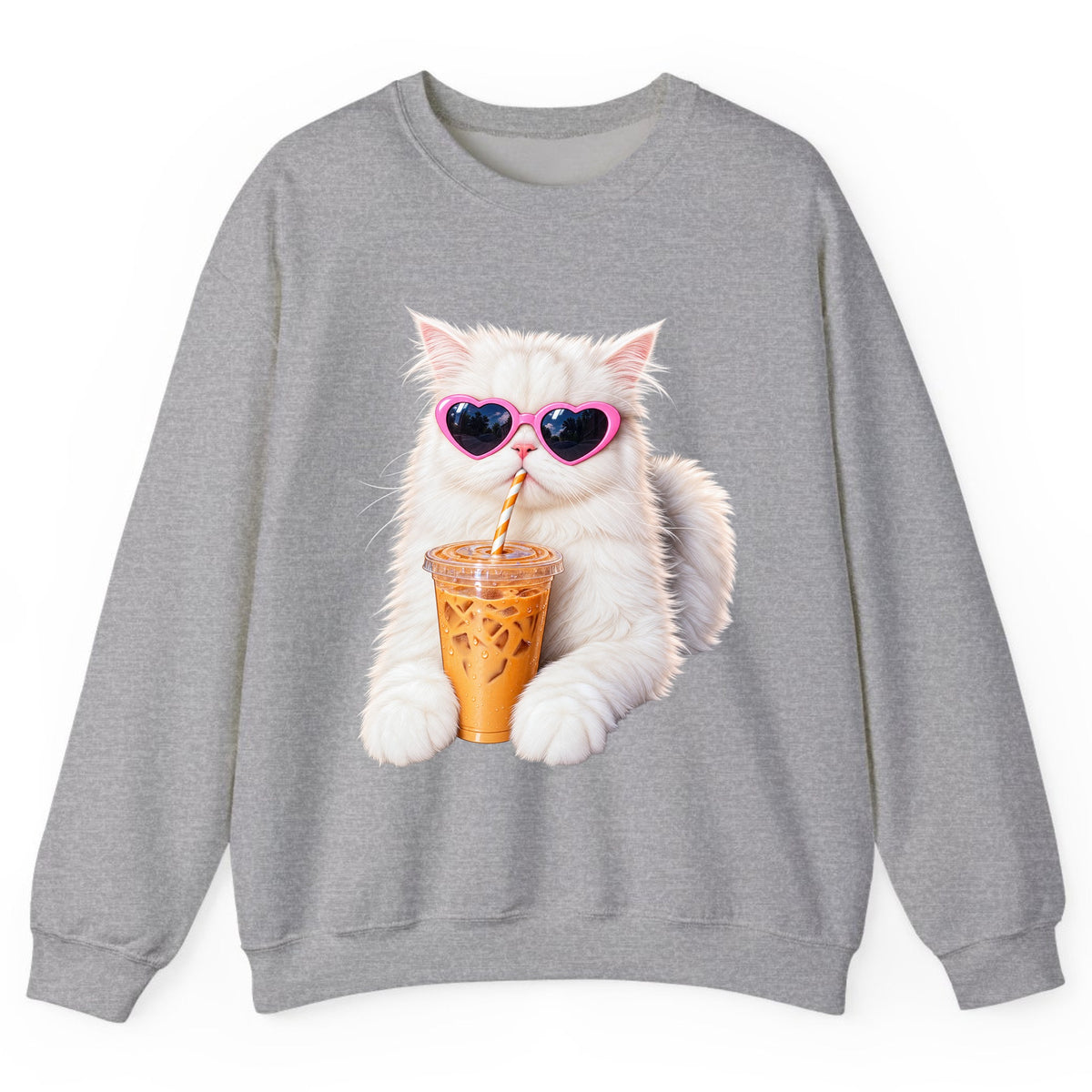 Iced Coffee Cat in Heart Sunglasses Crewneck Sweatshirt - Sport Grey