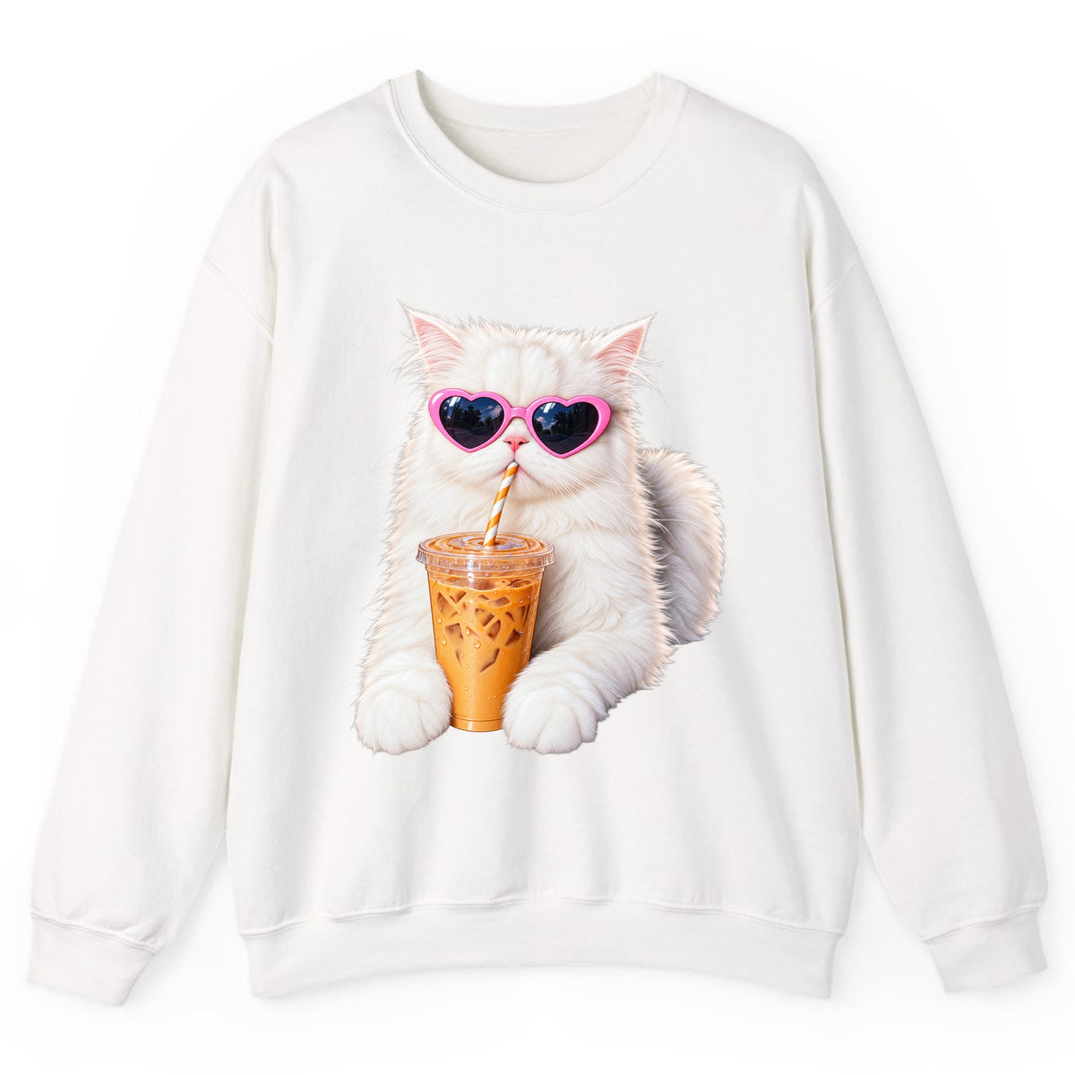 Iced Coffee Cat in Heart Sunglasses Crewneck Sweatshirt - White