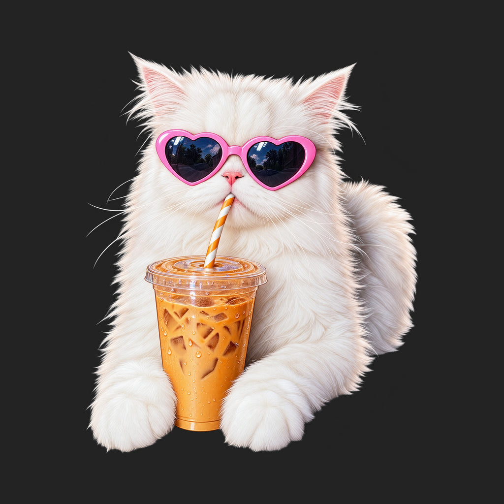 Iced Coffee Cat in Heart Sunglasses