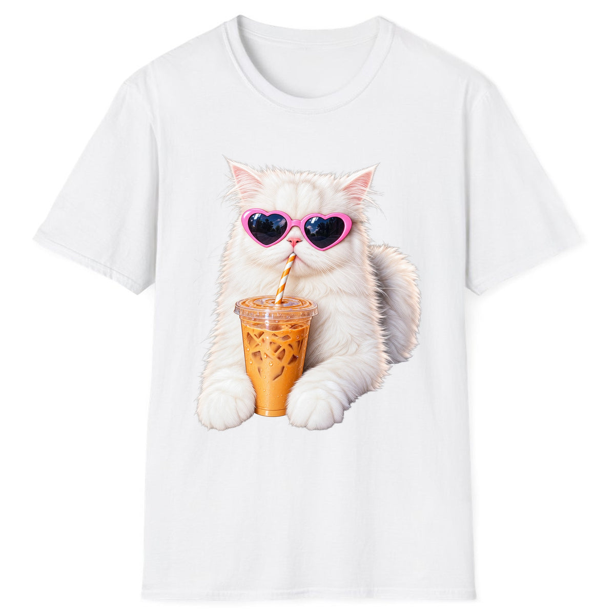 Iced Coffee Cat in Heart Sunglasses Classic Tee - White