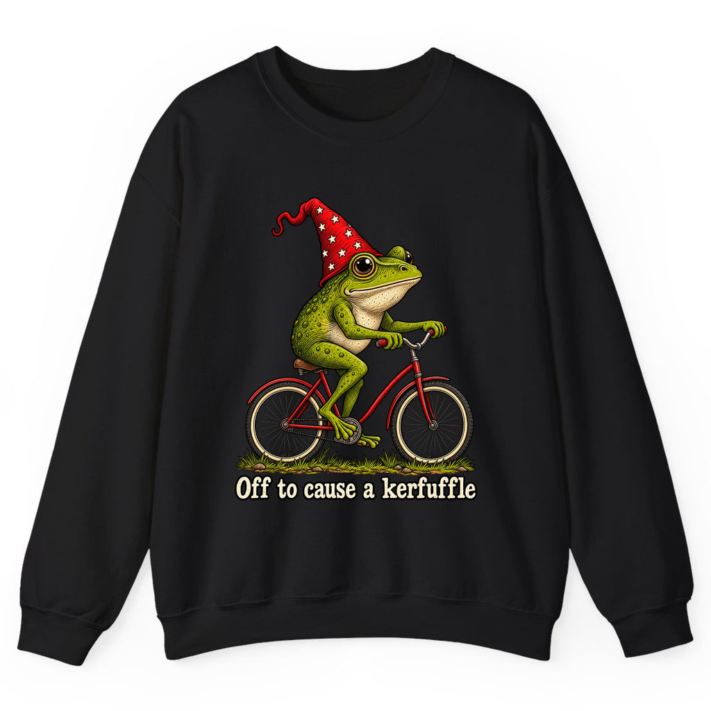Off to Cause a Kerfuffle Frog Bike Crewneck Sweatshirt - Black