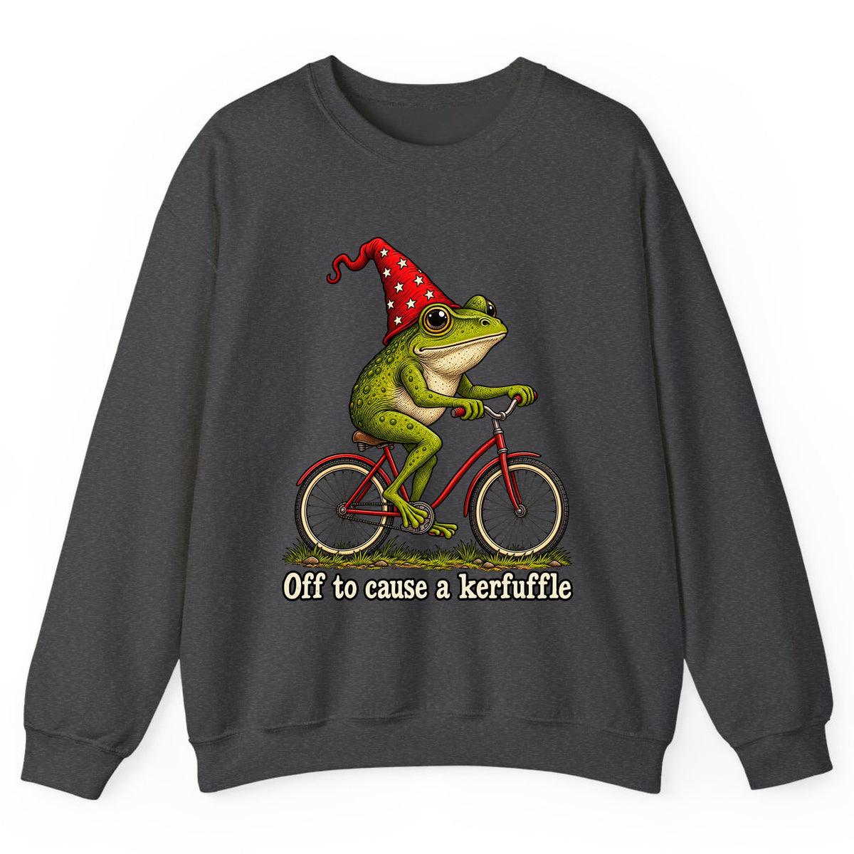 Off to Cause a Kerfuffle Frog Bike Crewneck Sweatshirt - Dark Heather