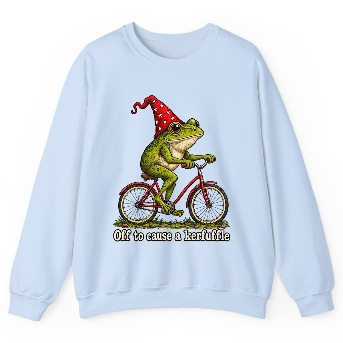 Off to Cause a Kerfuffle Frog Bike Crewneck Sweatshirt - Light Blue