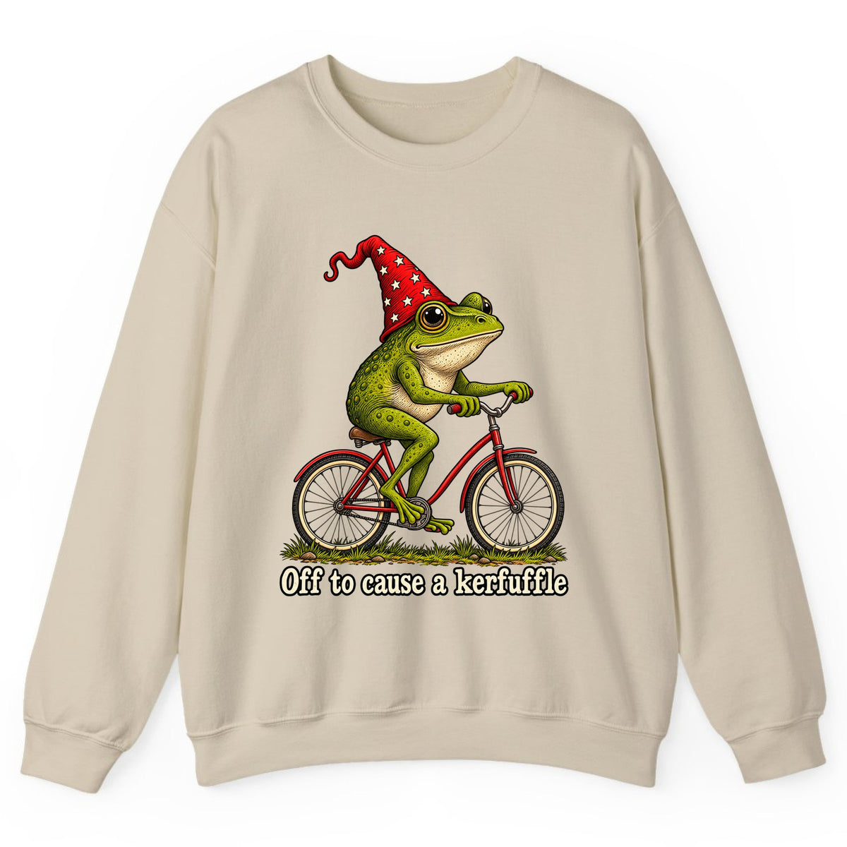 Off to Cause a Kerfuffle Frog Bike Crewneck Sweatshirt - Sand