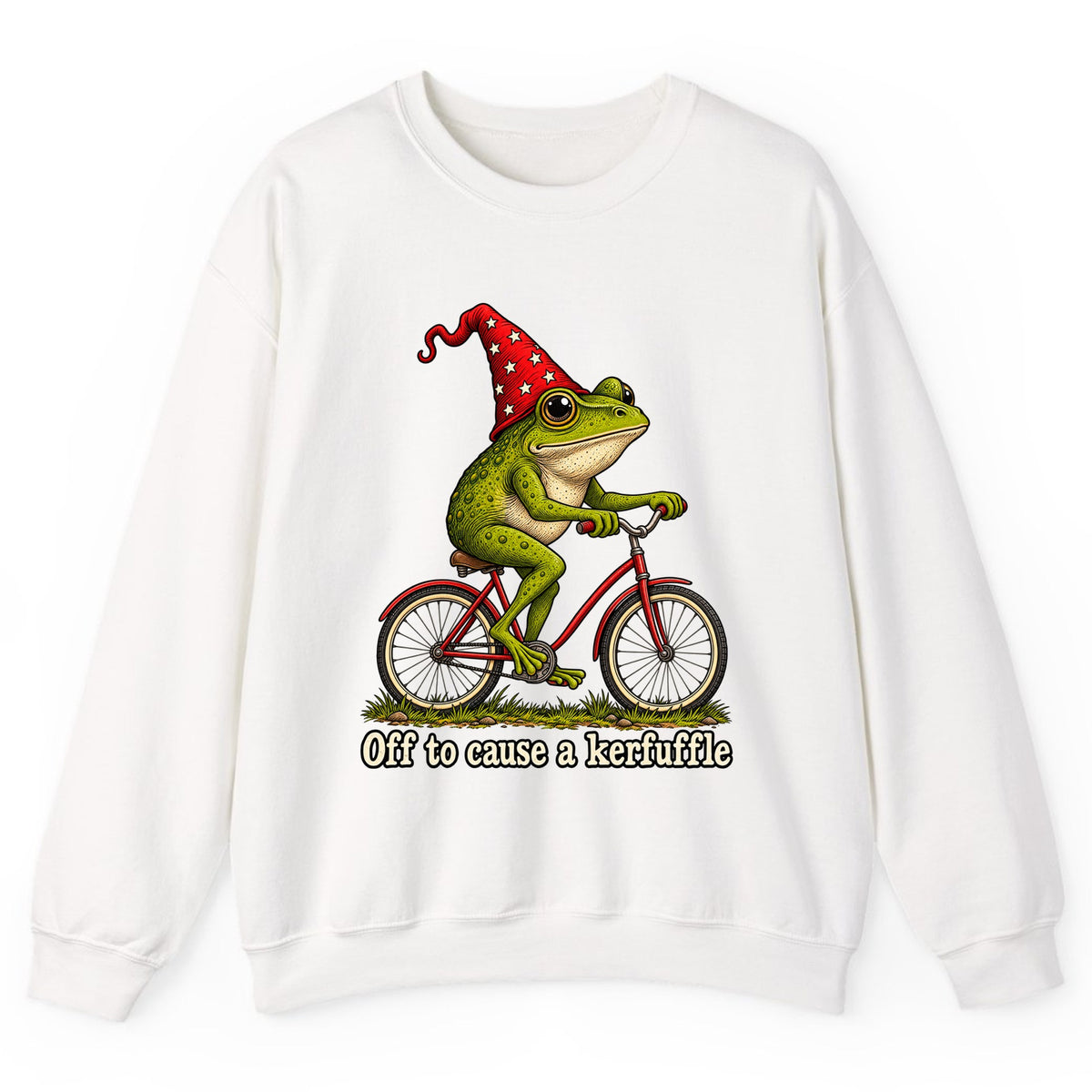 Off to Cause a Kerfuffle Frog Bike Crewneck Sweatshirt - White