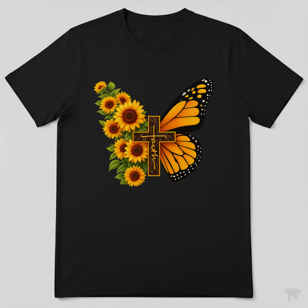 Faith Sunflower Butterfly Cross Christian T-Shirt