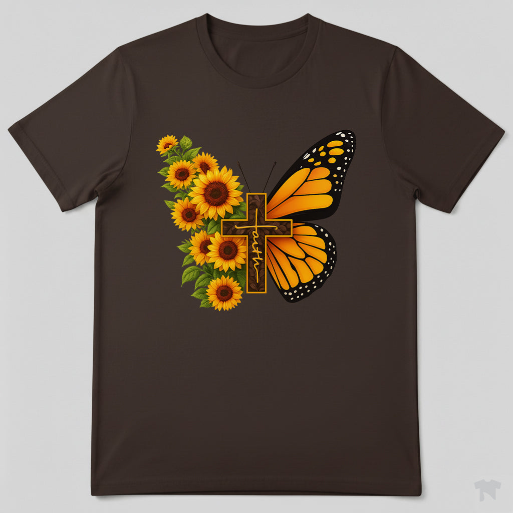 Faith Sunflower Butterfly Cross Christian T-Shirt