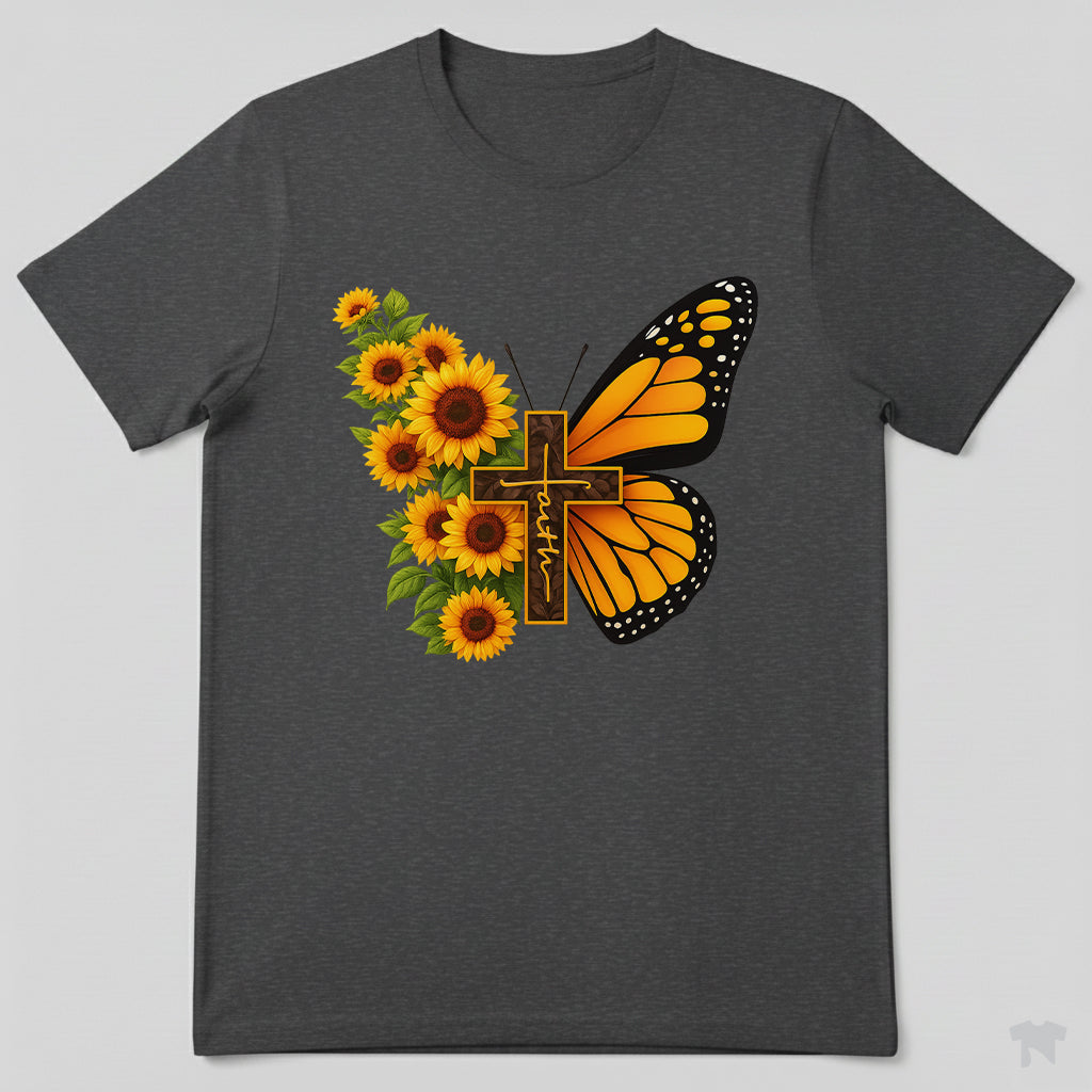 Faith Sunflower Butterfly Cross Christian T-Shirt