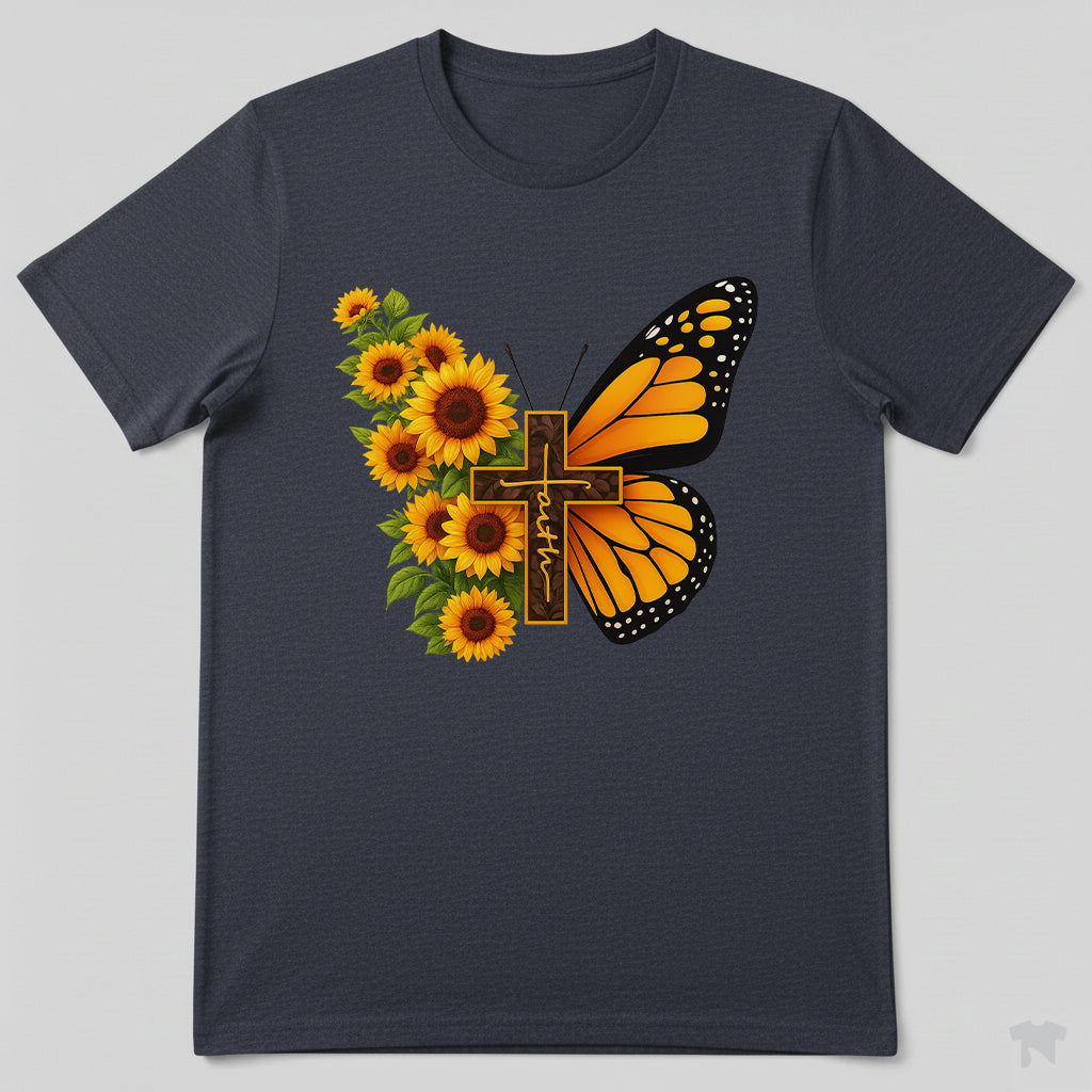 Faith Sunflower Butterfly Cross Christian T-Shirt